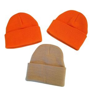 Beanie Knit Cap Lot of 3 Warm Winter Hats NWOT Orange Tan BUNDLE OF THREE CAPS